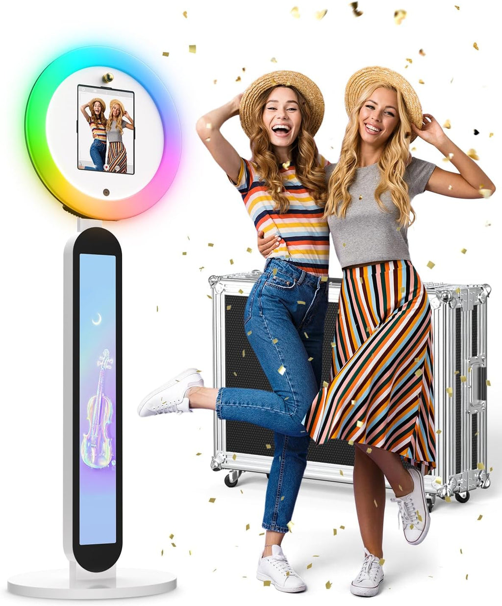 CyraTok iPad Photo Booth Stand, 22' RGB Light, Open Air Booth for Events | Music Sync Ring, APP AI Face Detection, External Printer Support, Fits 7.9'-13' Tablets, Flight Case