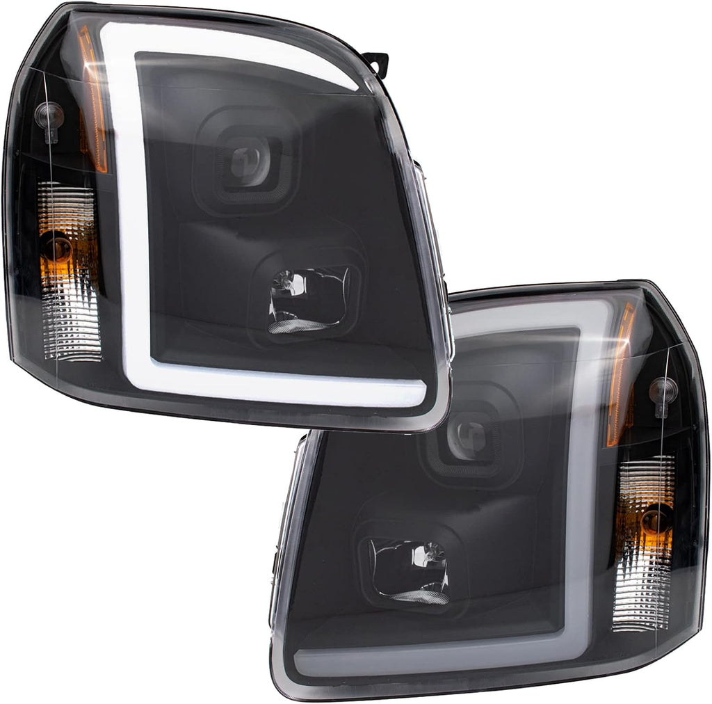 TRQ Performance Driver and Passenger Side Headlight Assembly Set Projection Style Black Housing Clear Lens Compatible with 07-14 GMC Yukon 07-14 GMC Yukon XL 1500 07-13 GMC Yukon XL 2500