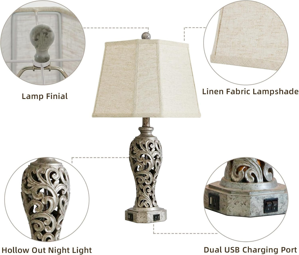 Vintage Table Lamps Set of 2 for Living Room Bedroom, 2 USB Ports 25'' Rustic Farmhouse Desk Lamp with Nightlight, Iron Gray Hollow Out Resin Lamp for End Table (Bulbs Included)