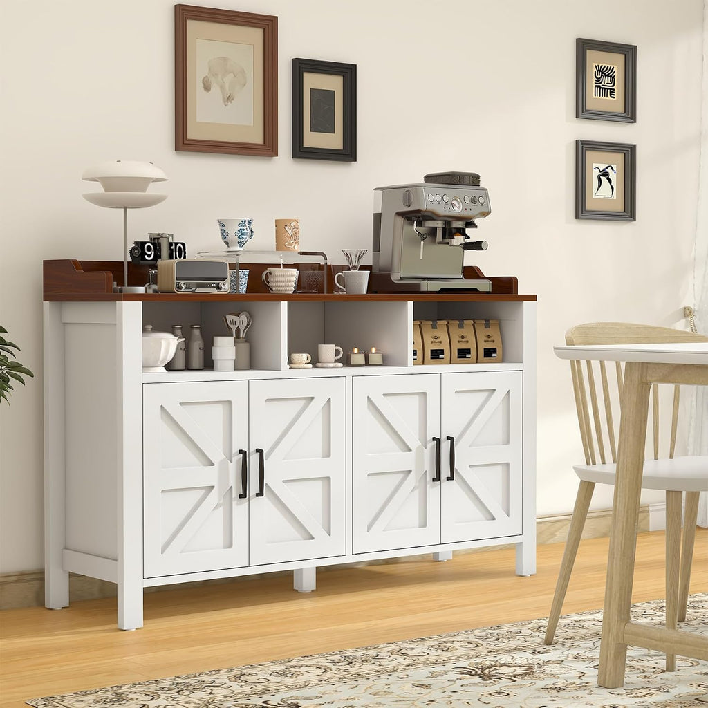 VVFLU Buffet Cabinet with Storage Farmhouse with 4 Doors and 3 Open Compartments, 55'' Large Kitchen Storage Cabinet White Wood Coffee Bar Buffet Sideboard for Kitchen, Dining Room, Living Room