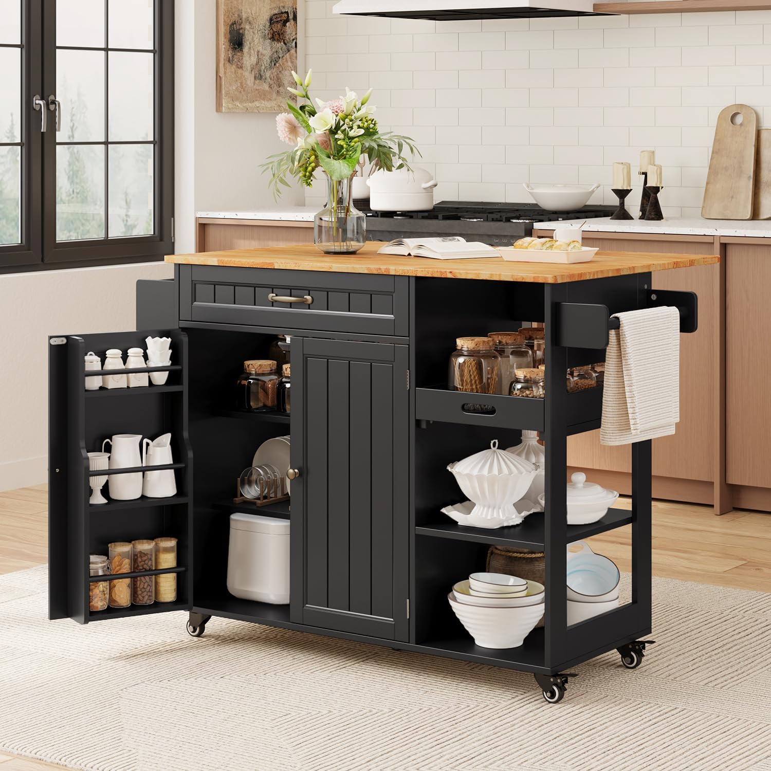 Gizoon Kitchen Island with Storage, Kitchen Island with Drop Leaf, 41.7''W Rolling Dining Cart, Foldable Countertop, 5 Wheels, Refrigerator Door, Adjustable Shelves, Spice/Towel Rack, Black