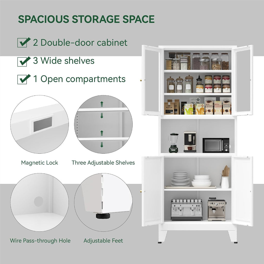 COFaR 69' Tall Modern Kitchen Pantry,Metal Storage Cabinet with Shelves ＆ Glass Doors for Display,Pantry Storage Cabinet,Freestanding Cupboard for Kitchen,Dining Room,Living Room,Bathroom,White