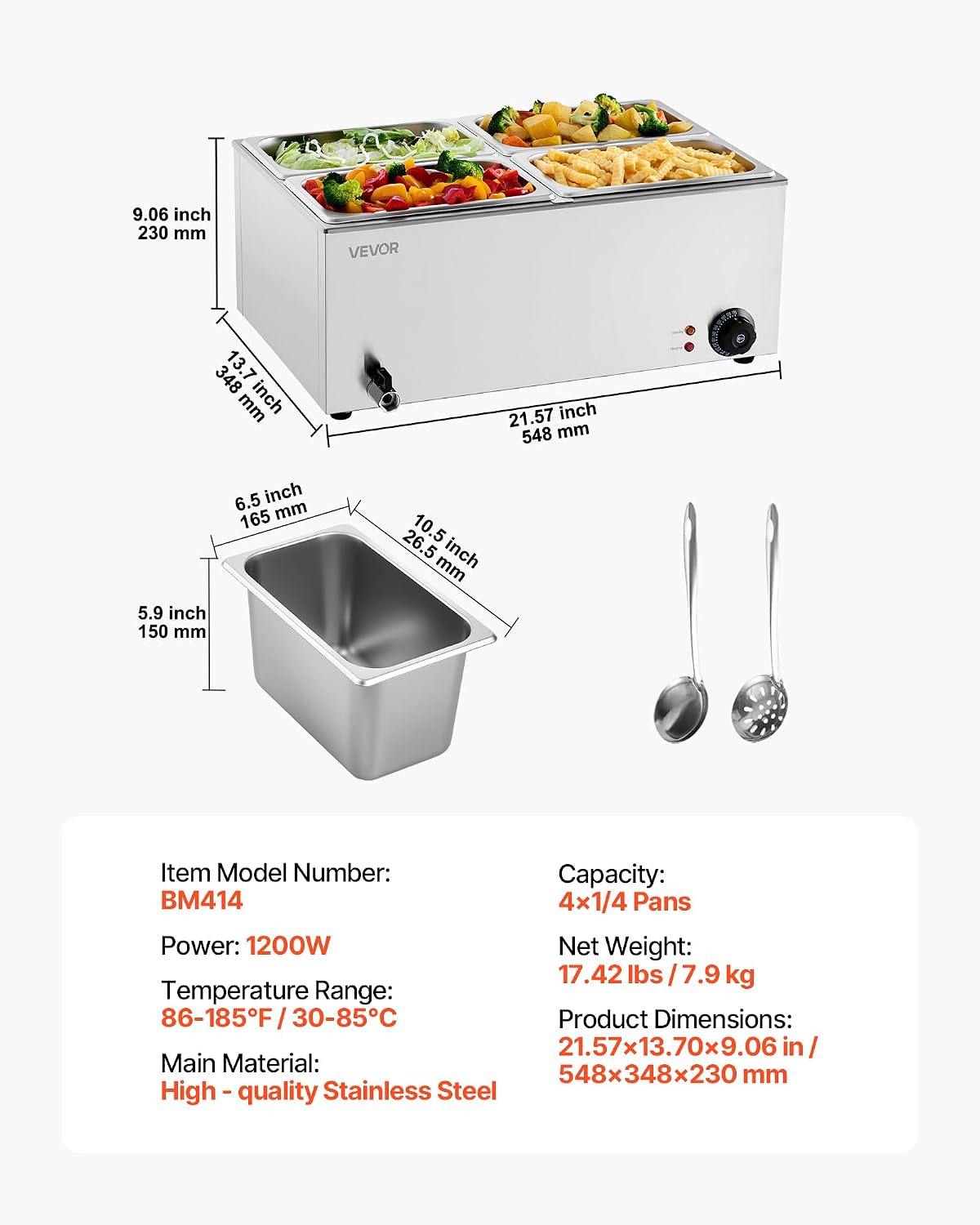VEVOR 4-Pan Commercial Food Warmer, 24QT Electric Steam Table, 1200W Professional Countertop Stainless Steel Buffet Bain Marie with 86-185°F Temp Control for Catering and Restaurants, Silver