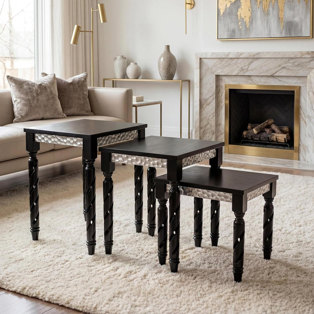 Hyfirm Black Nesting Tables Set of 3 - Mid Century Modern Accent End Tables with Durable Veneered Top, Spiral Wood Legs & Hexagonal Silver Apron, Ideal for Living Room, Bedroom & Small Apartments