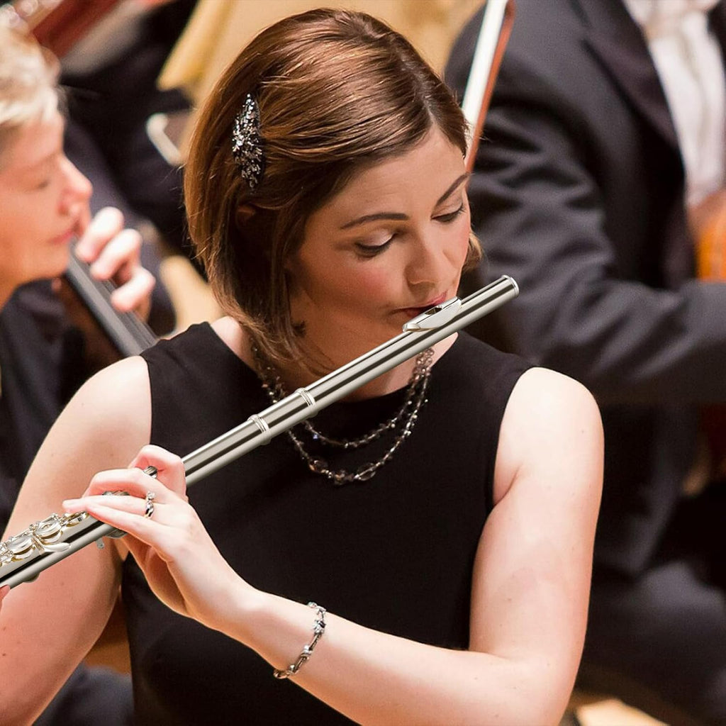 POGOLAB Open Hole C Flute, 16 Keys Student Flute Instrument for Beginner Advanced Player, with Carry Bag, Strap, Gloves, Adjustment Screwdriver, Cleaning Kit (Open/Closed Hole, Silver Plated)
