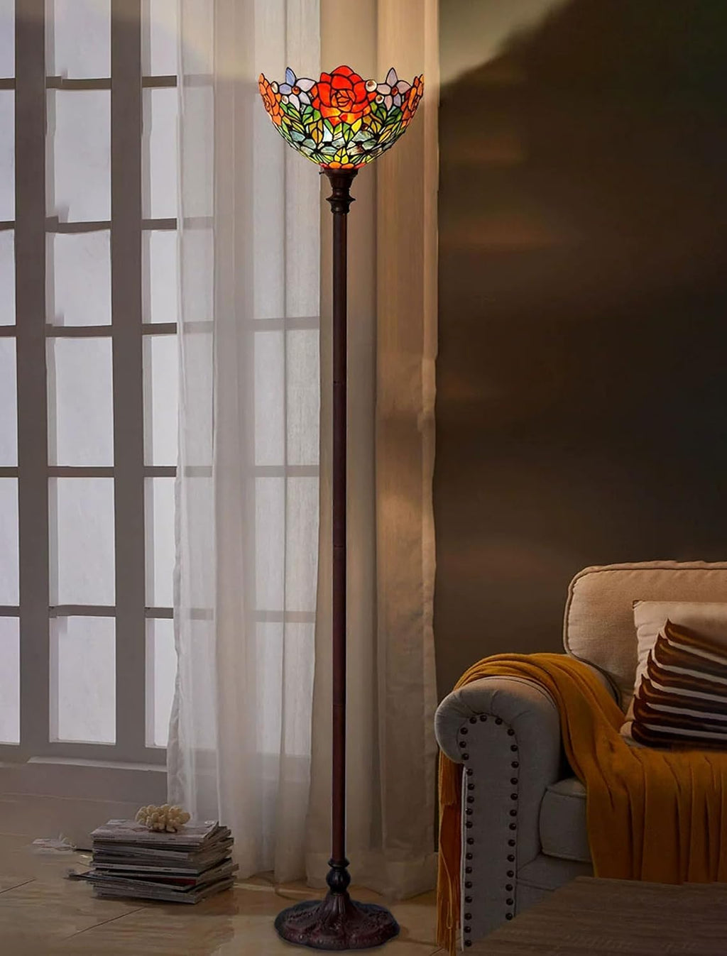 14' Tulip Rose Lamp Shade Replacement Only Tiffany Stained Glass Lampshades, Vintage Handmade Red Blue Pink Orange Flower Green Leaves Light Cover Accessories Table Lamp Floor Lamp,Rose