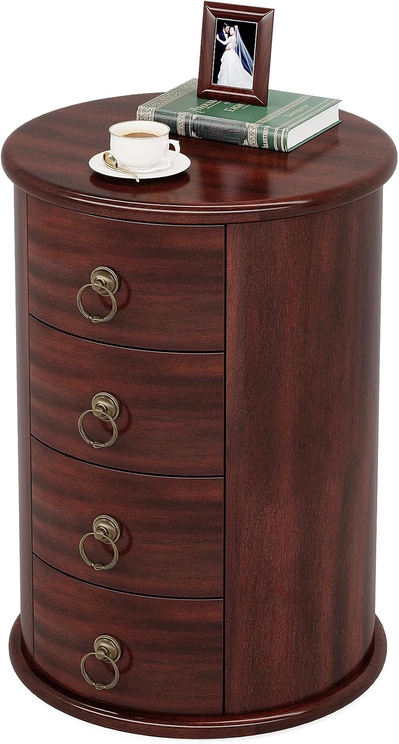 Tribesigns Solid Wood End Table, Round Side Table with 4 Drawers, Vintage Bedside Table Nightstand for Small Spaces, Living Room, Bedroom, No Assembly Required (1, Cherry Brown)