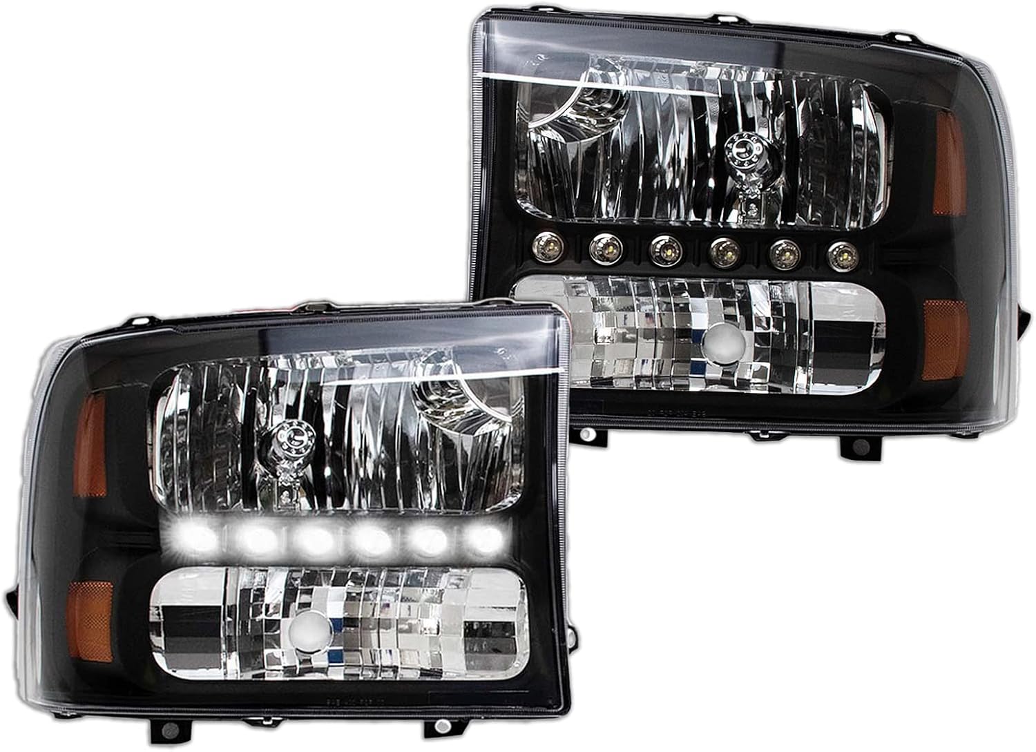 TRQ 2 Piece Headlight Assembly Set Performance LED Daytime Running Lights Black Bezel Driver & Passenger Side Compatible with Ford Excursion 2000-2004 F250 F350 1999-2004 F450 F550 1999-2003