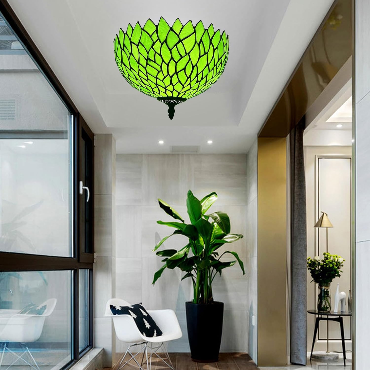 12-Inch Wisteria Lamp Shade Replacement, Tiffany Style Stained Glass Lampshades, Retro Blue Green Leaf Light Cover Accessories Only for Table lamp Pendant Lights Ceiling Light,Green