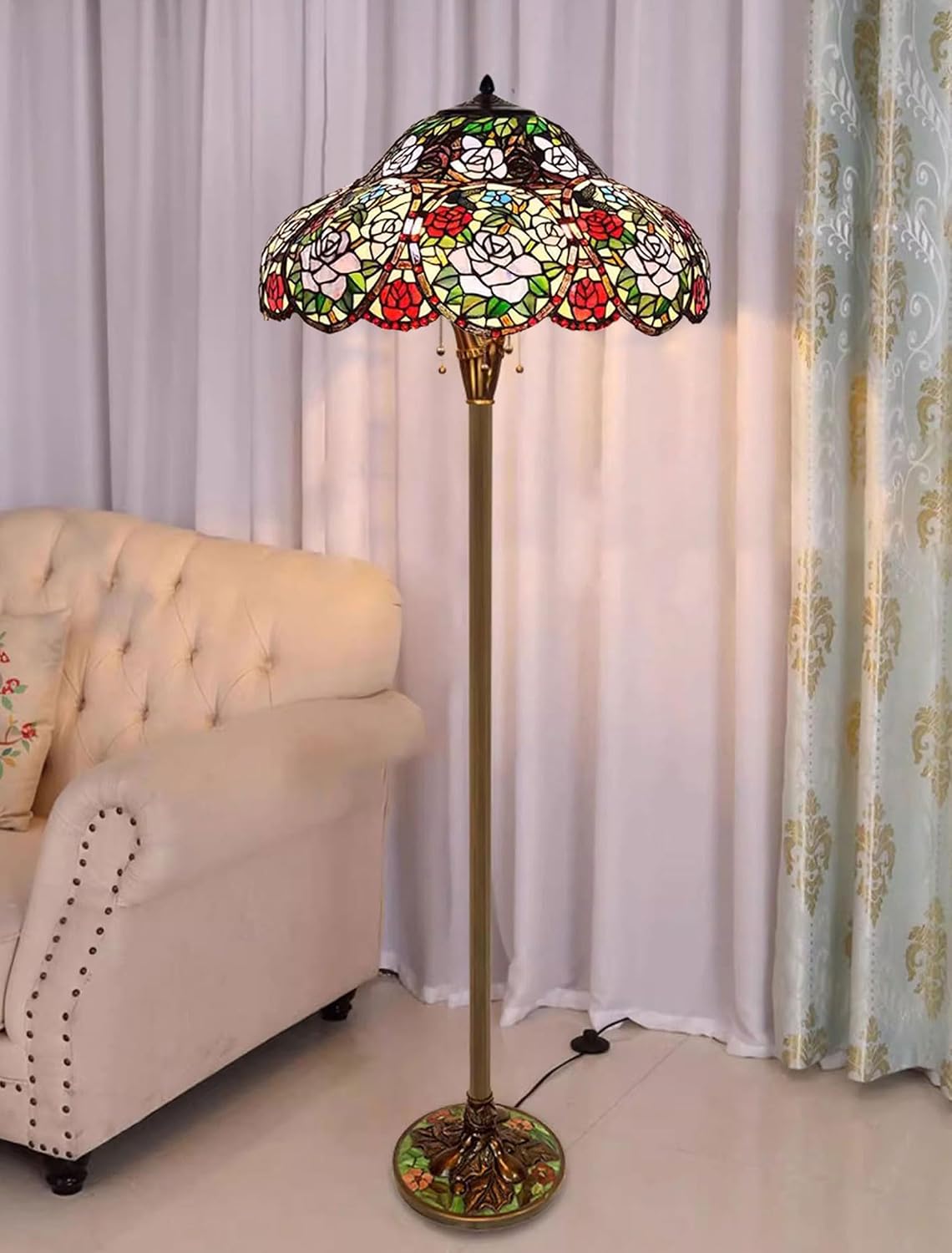 Tiffany Style Traditional Handmade 22 Inch Wide Rose Flower Design Stained Glass Lampshade Replacement Only Retro Red Blue Pink Floral Light Cover Accessories for Table Lamp Pendant Light