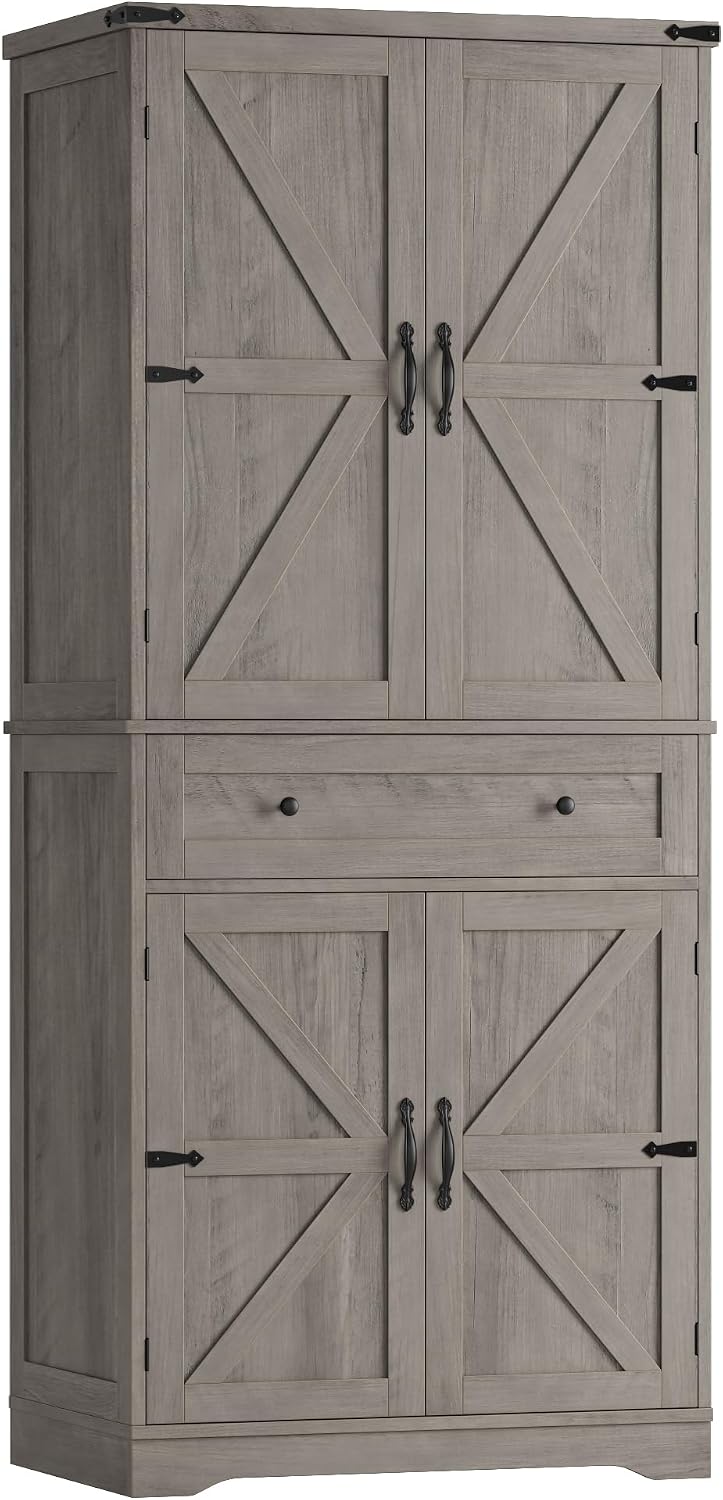 HOSTACK 71' Tall Pantry Cabinet, Farmhouse Kitchen Pantry with Storage Shelves, Barn Doors Food Storage Cabinet, Freestanding Kitchen Hutch with Large Drawer for Dining Room, Living Room, Ash Gray