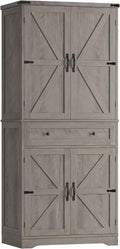 HOSTACK 71' Tall Pantry Cabinet, Farmhouse Kitchen Pantry with Storage Shelves, Barn Doors Food Storage Cabinet, Freestanding Kitchen Hutch with Large Drawer for Dining Room, Living Room, Ash Gray