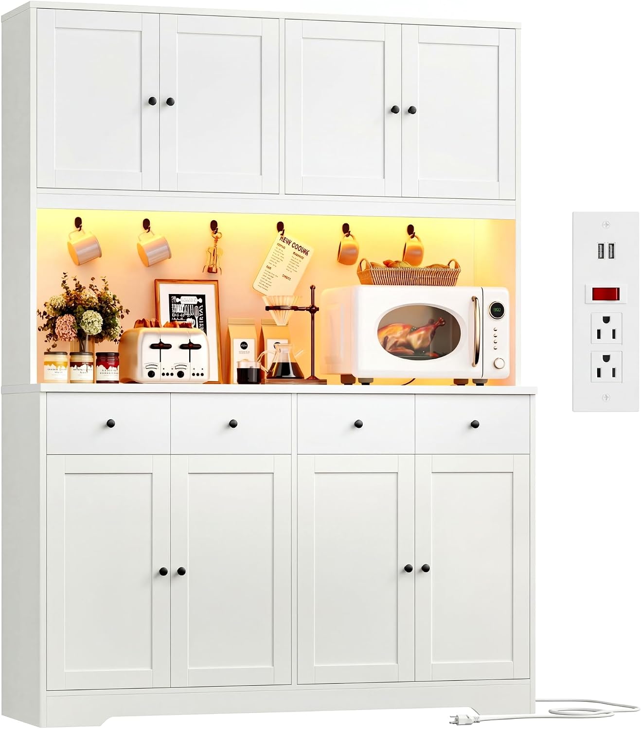HIFIT 72' LED Kitchen Pantry Cabinet with Power Outlet & Cup Hooks, Tall Kitchen Hutch Storage Cabinets with Countertop Microwave Stand, Food Pantry Cabinet with Drawers for Dining Living Room, White