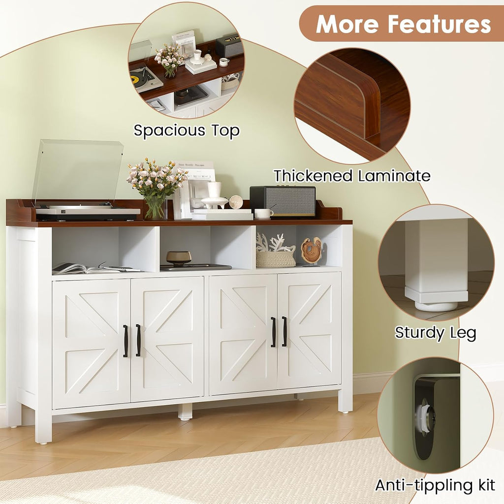 VVFLU Buffet Cabinet with Storage Farmhouse with 4 Doors and 3 Open Compartments, 55'' Large Kitchen Storage Cabinet White Wood Coffee Bar Buffet Sideboard for Kitchen, Dining Room, Living Room