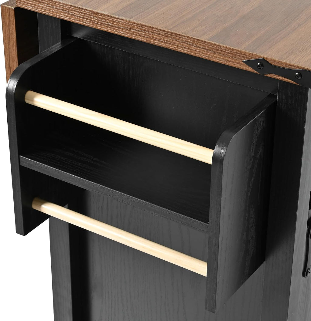Bellemave 53.7' Farmhouse Kitchen Island cart with Charging Station, Rolling Kitchen Island Table with Drop-Leaf, 3 Drawers, Barn Doors, Large, Black