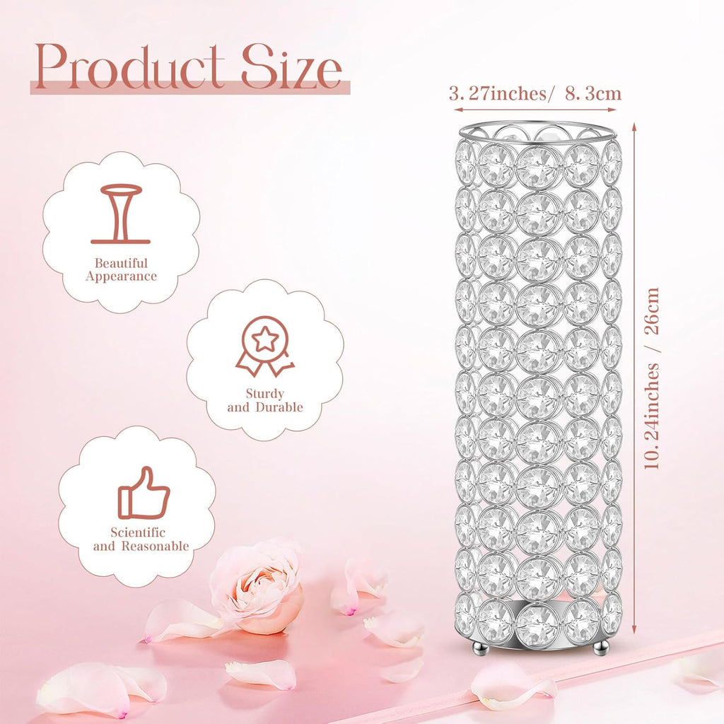 Dandat 16 Pcs Crystal Flower Vase and Pillar Candle Holder Set 10.24 Inch Wedding Cylinder Flower Vases Stand Table Centerpieces Candle Holders for Table Room Home Wedding Party Events Decor(Silver)