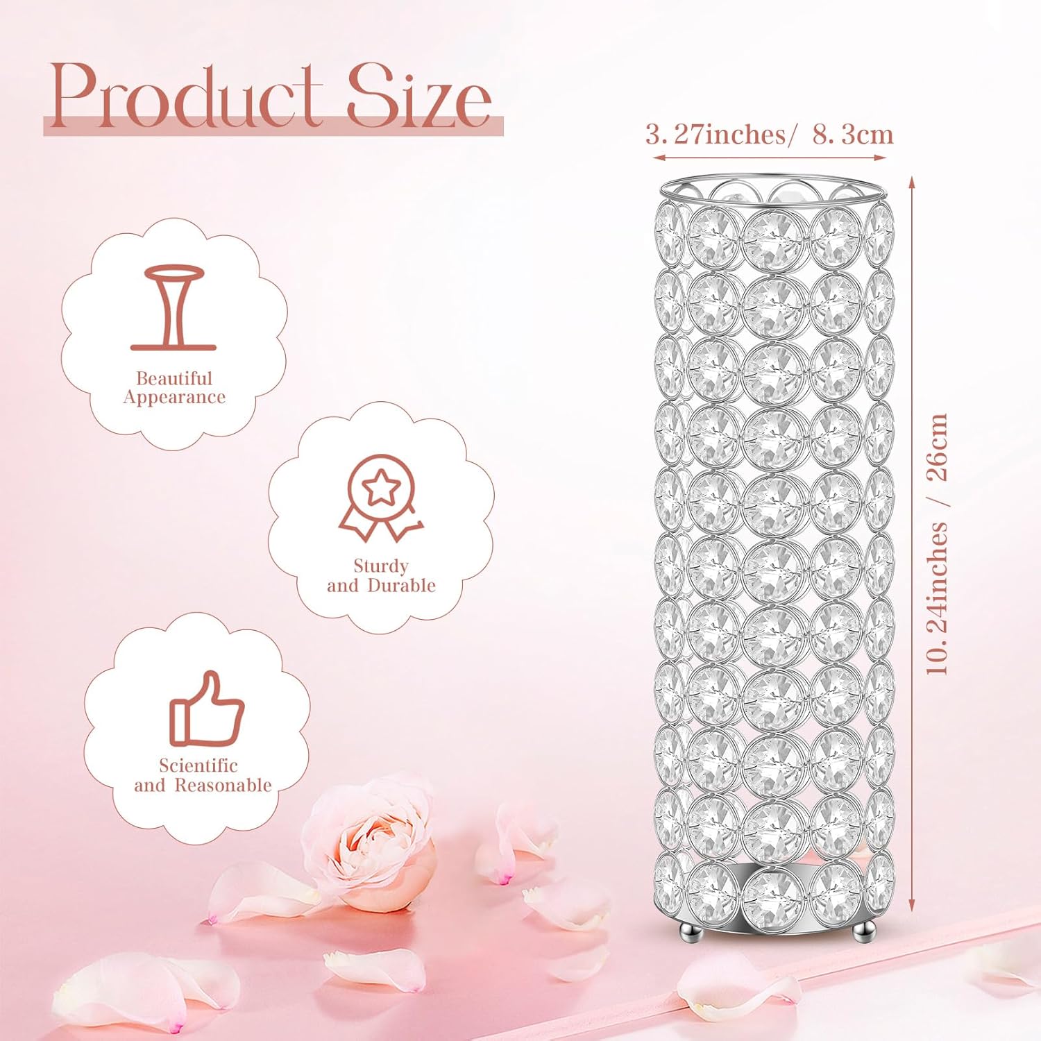 Dandat 16 Pcs Crystal Flower Vase and Pillar Candle Holder Set 10.24 Inch Wedding Cylinder Flower Vases Stand Table Centerpieces Candle Holders for Table Room Home Wedding Party Events Decor(Silver)