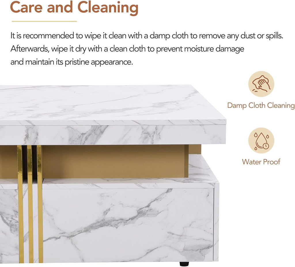 Merax 43.3' Modern Square Storage Coffee Table with 4 Drawers, with Marbling Gold Accents, Functional Center Tables for Living Room Apartment, White