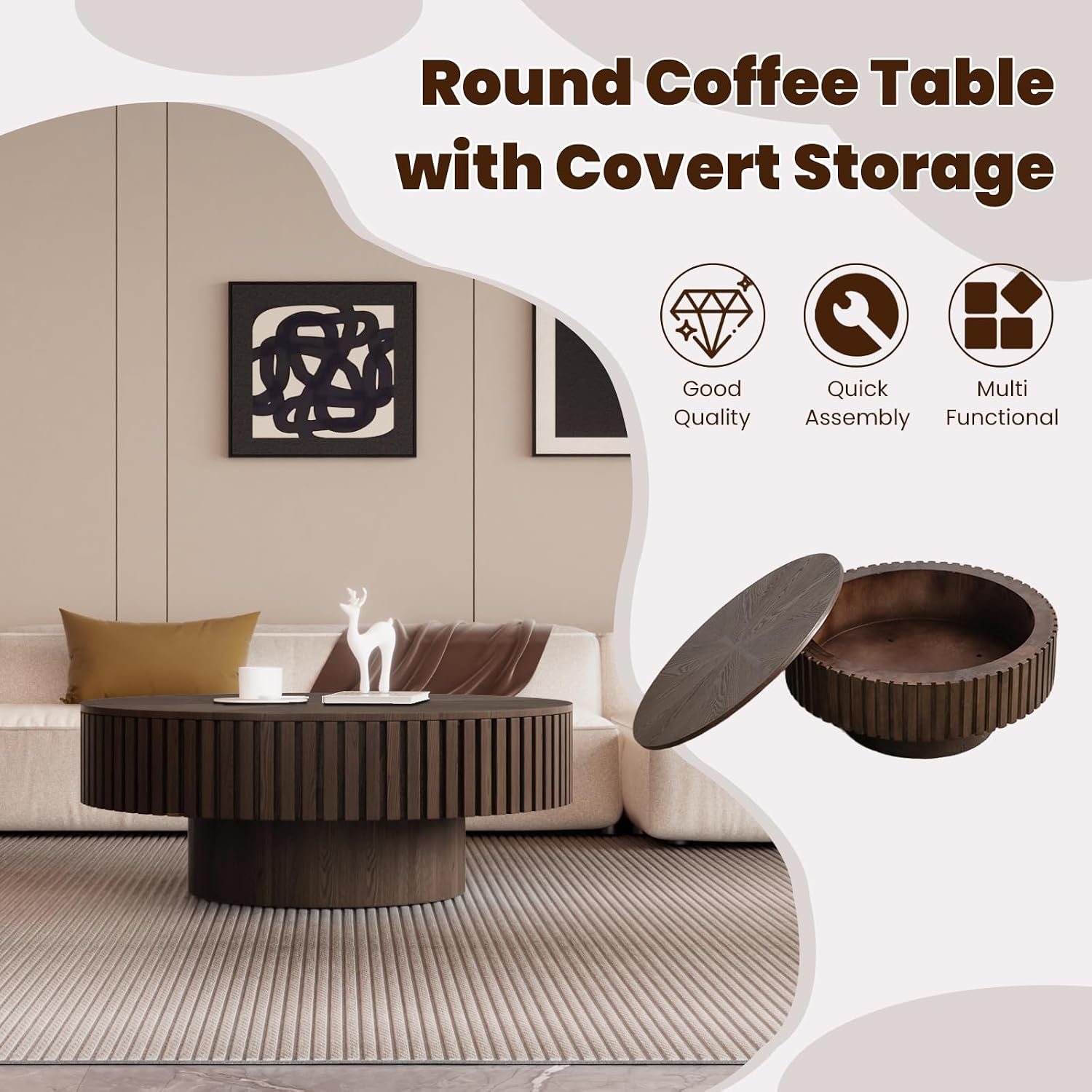 Round Drum Coffee Table with Storage for Living Room, Mid Century Modern Coffee Table with Sturdy Pedestal, Farmhouse Fluted Circle Center Table Accent Tea Table (31.5' Brown with Storage)