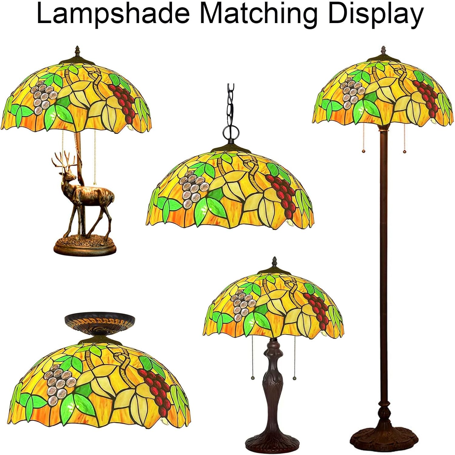 Tiffany Lamp Shade Replacement 16X9 Inch Vintage Stained Glass Lampshades Only with Cap Christmas Home Decor Yellow Grape Design Handmade Light Cover for Table lamp Pendant Light Floor Lamp