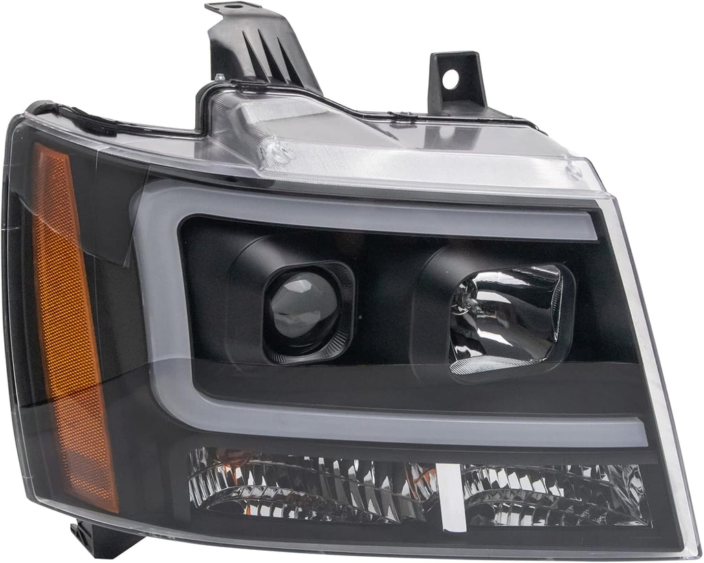 TRQ Performance Driver and Passenger Side Headlight Assembly Set Black Housing Projector Clear Lens Compatible with 07-13 Chevrolet Avalanche 07-13 Chevrolet Suburban 2500 07-14 Tahoe