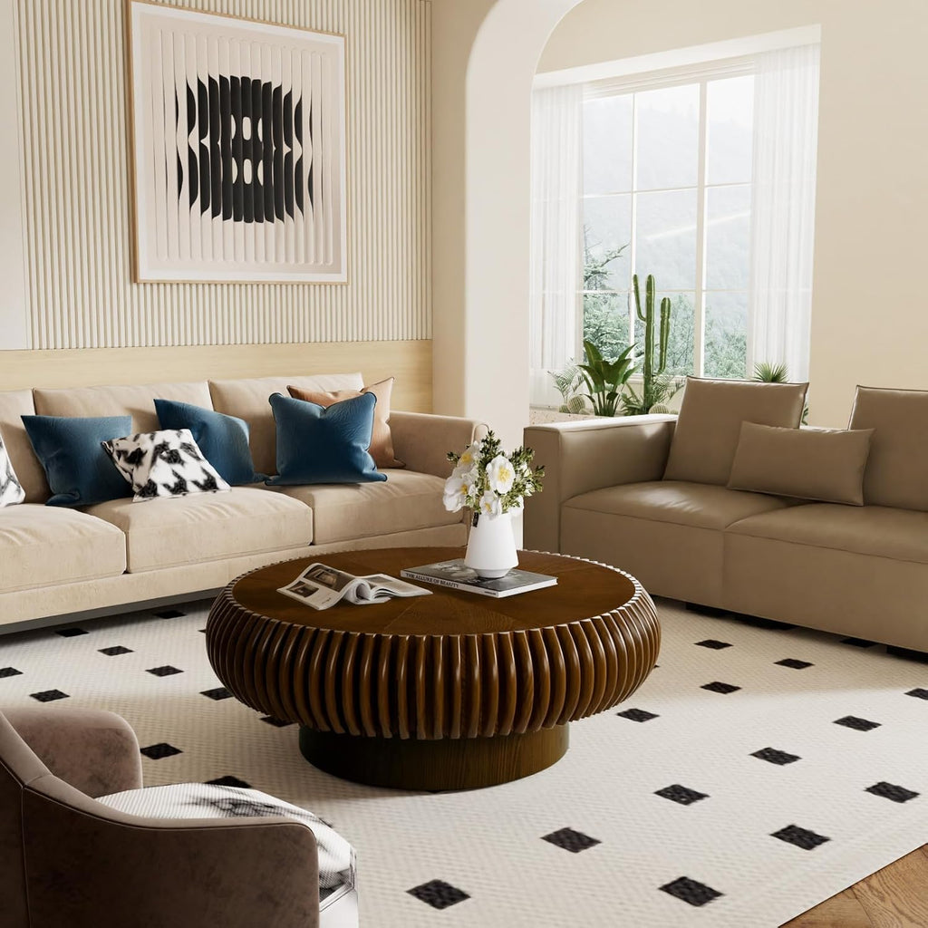 Round Drum Coffee Table for Living Room, Mid Century Modern Coffee Table with Sturdy Pedestal, Farmhouse Fluted Circle Center Table Accent Tea Table for Apartment (31.5' Walnut)