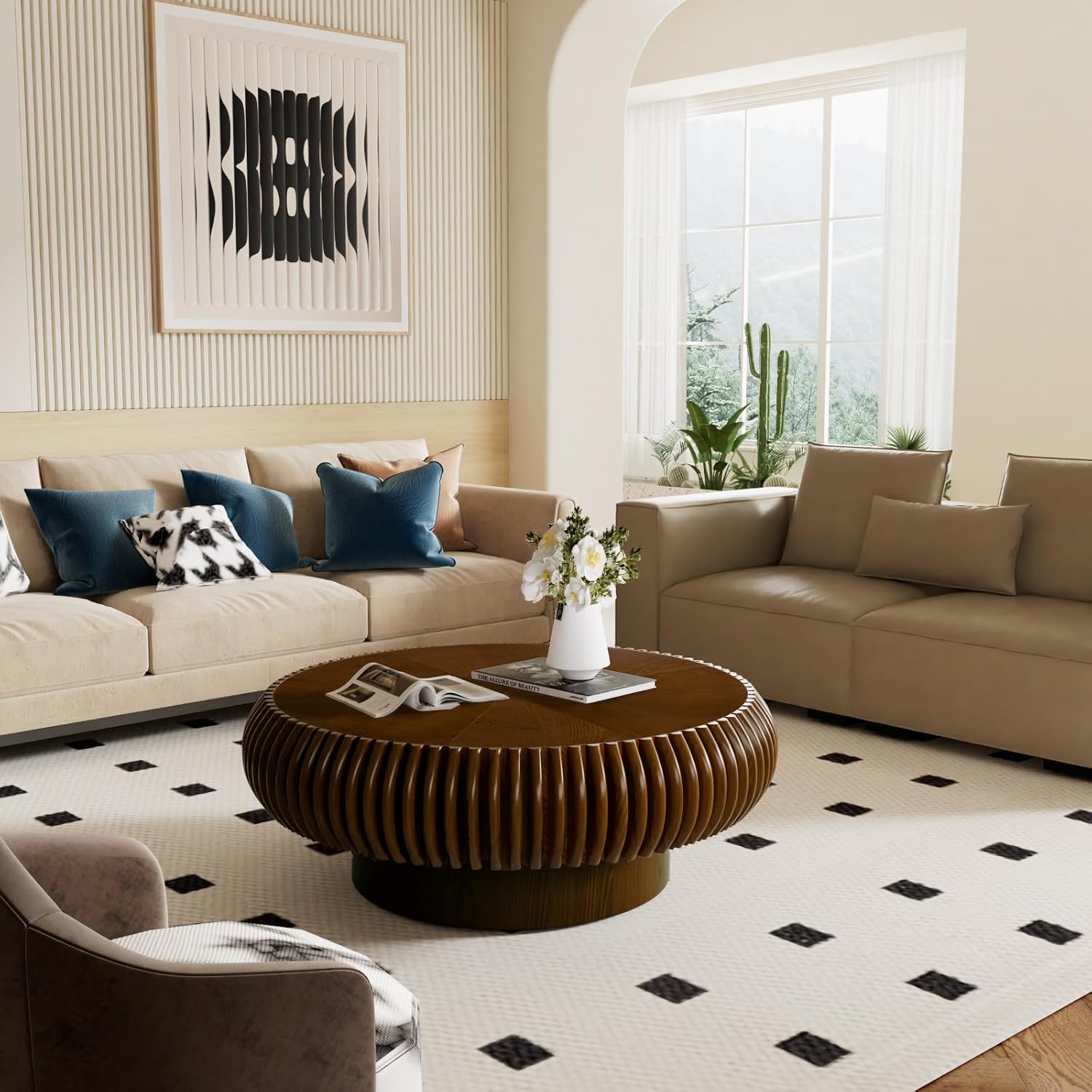 Round Drum Coffee Table for Living Room, Mid Century Modern Coffee Table with Sturdy Pedestal, Farmhouse Fluted Circle Center Table Accent Tea Table for Apartment (31.5' Walnut)