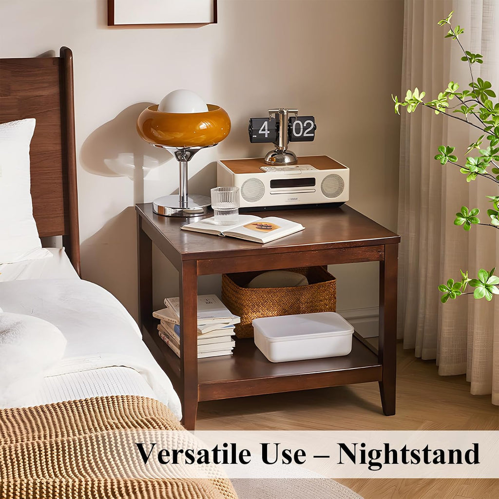 Side Table, Solid Wood Square End Table with Storage Shelf, 2-Tier Coffee Table for Living Room, Rubber Wood Small Sofa Table, Nightstand 23.62 H x 23.62 W x 23.62 D Inches (Walnut)