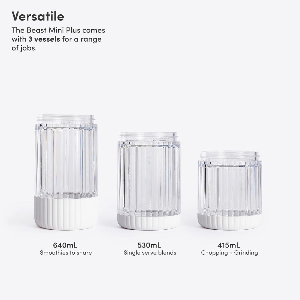 The Beast Mini Blender Plus | Mini Countertop Kitchen Blender | Blend Smoothies and Shakes, Dressings, Sauces, Dips | Extra Vessels, Straw Cap and Straws Included | 600W (Cloud White)