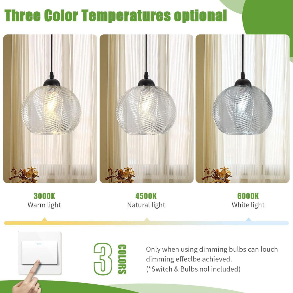 Globe Glass Pendant Light Ribbed Glass Mid Century Hanging Light for Kitchen Island Pumpkin Globe Design Adjustable Height Modern Pendant Lamp for Dining Room Bedroom Clear