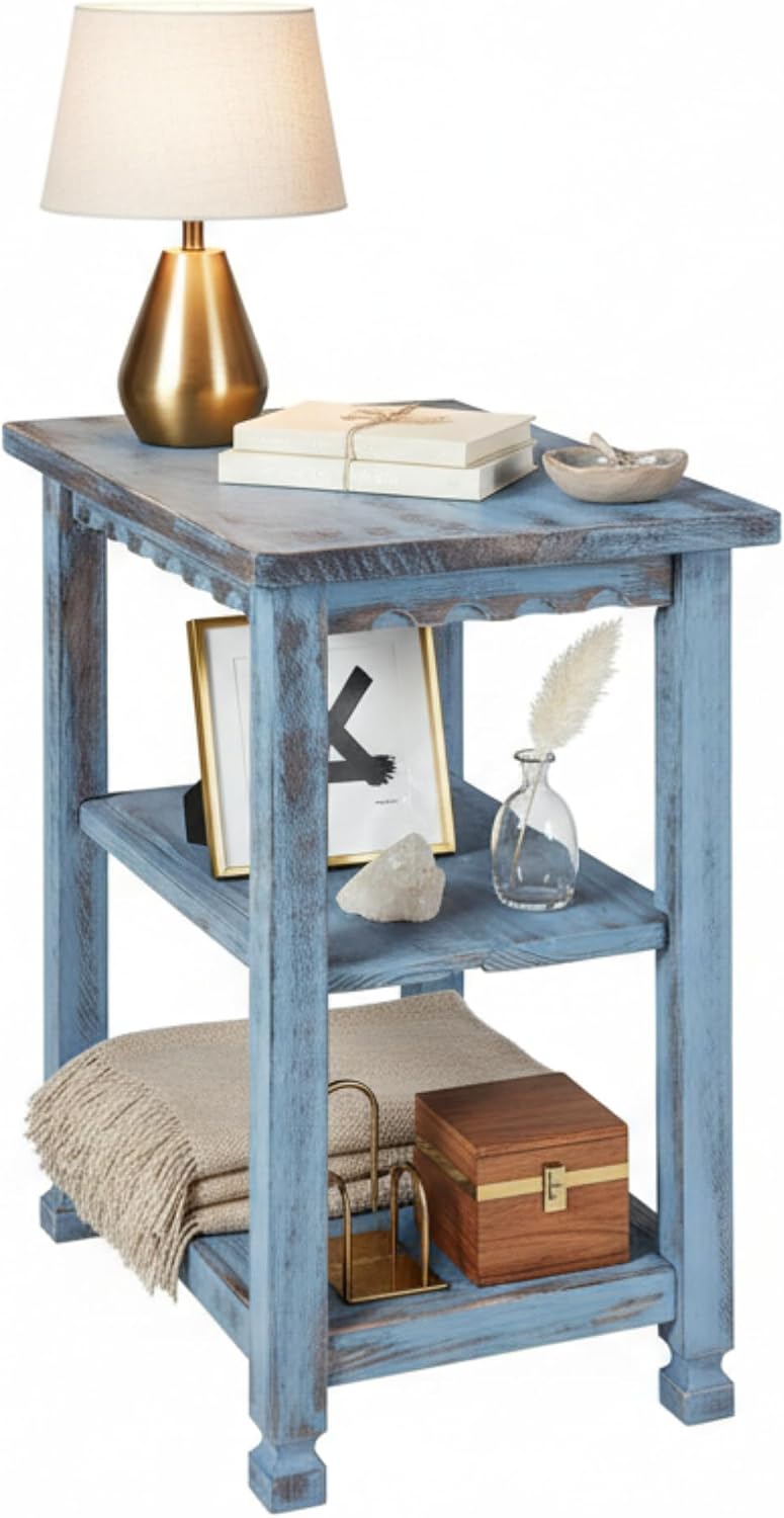Alaterre Furniture Country Cottage Rustic Farmhouse Nightstand – 3-Tier Narrow End Table with Weathered Faded Finish, Carved Edges, & Turned Legs (Distressed Antique Blue)