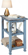 Alaterre Furniture Country Cottage Rustic Farmhouse Nightstand – 3-Tier Narrow End Table with Weathered Faded Finish, Carved Edges, & Turned Legs (Distressed Antique Blue)