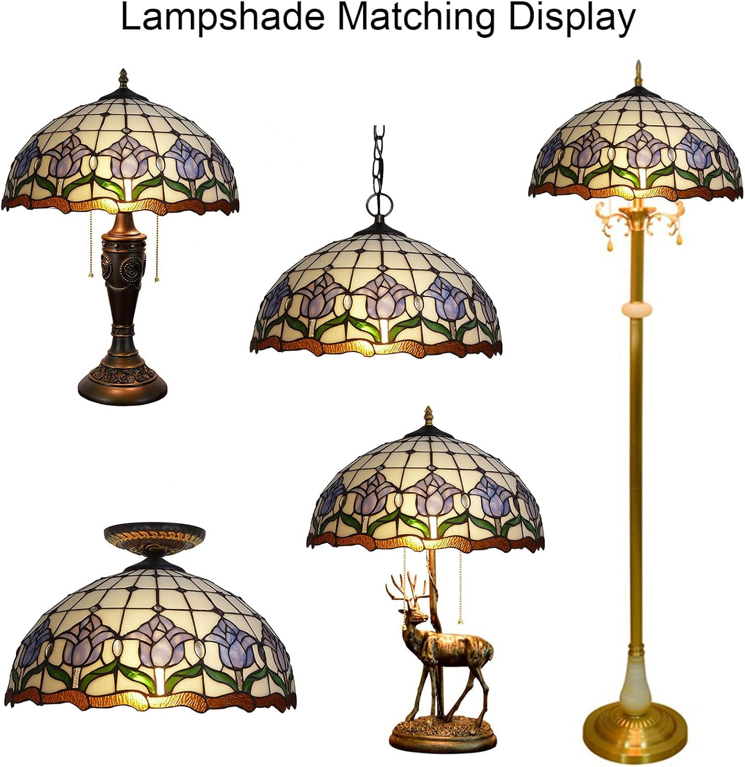 Tiffany Lamp Shade 16' Wide Accessories Replacement Only Blue Tulip Stained Glass Lampshades Vintage Flower Green Leaf Glass Beads Light Cover for Table Lamp Floor Lamp Pendant Light Ceiling