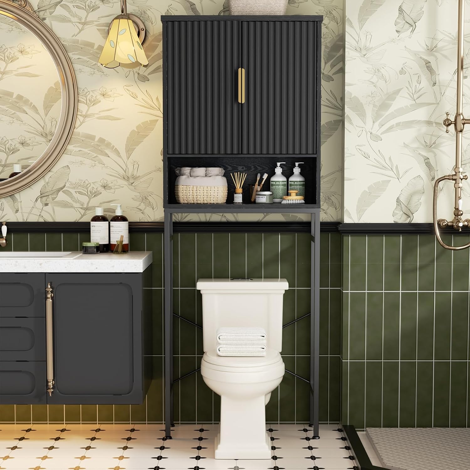Over The Toilet Storage Cabinet with Fluted Doors and Adjustable Shelf, Tall Bathroom Organizer with Metal Stand Space Saver Over Toilet , Wood Rack for Bathroom, Restroom, Laundry, Natural Black