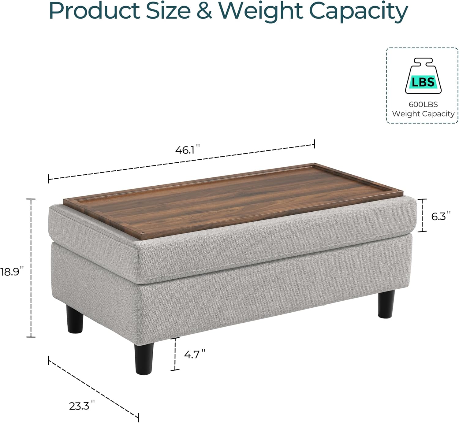 LINSY HOME 46 Inches Wide Storage Ottoman Bench, Linen Coffee Table Long Shoes Bench Footstool, Storage Chest, Foot Rest Stool, for The Living Room, Entryway and Family Room (Grey)