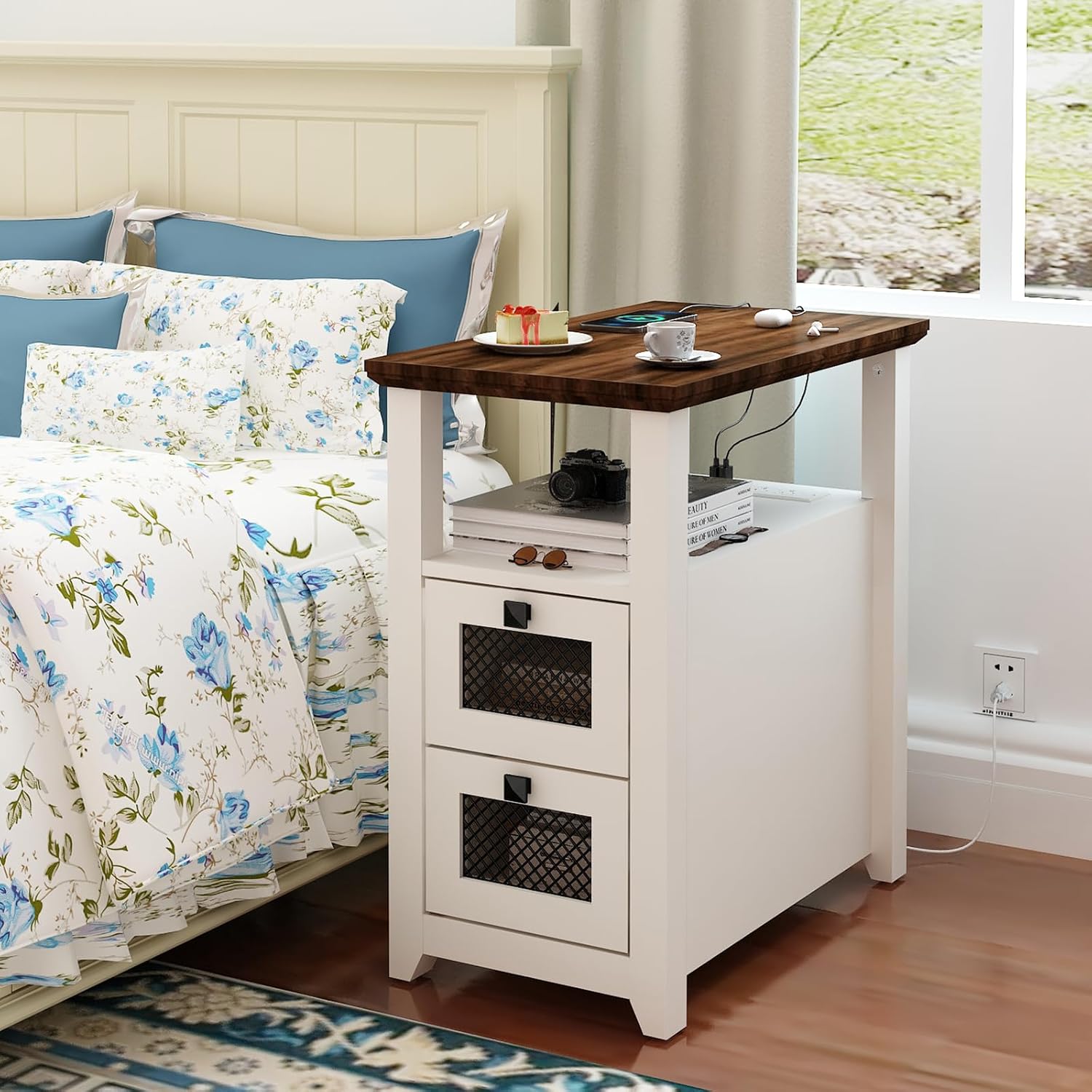 HDDDZSW Farmhouse XXL End Table with Charging Station, Narrow Side Table with USB Ports and Outlets, Nightstand with 2 Drawers Storage, Bedside Tables for Living Room, Bedroom, Rustic Walnut White