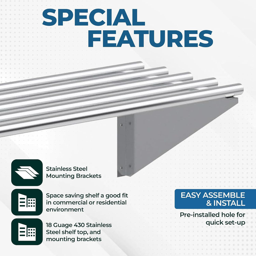 Premium Stainless Steel Tubular Wall Shelf – 48' L x 18' D | NSF Certified | Appliance & Equipment Shelf for Restaurant, Kitchen, Utility Room, Garage