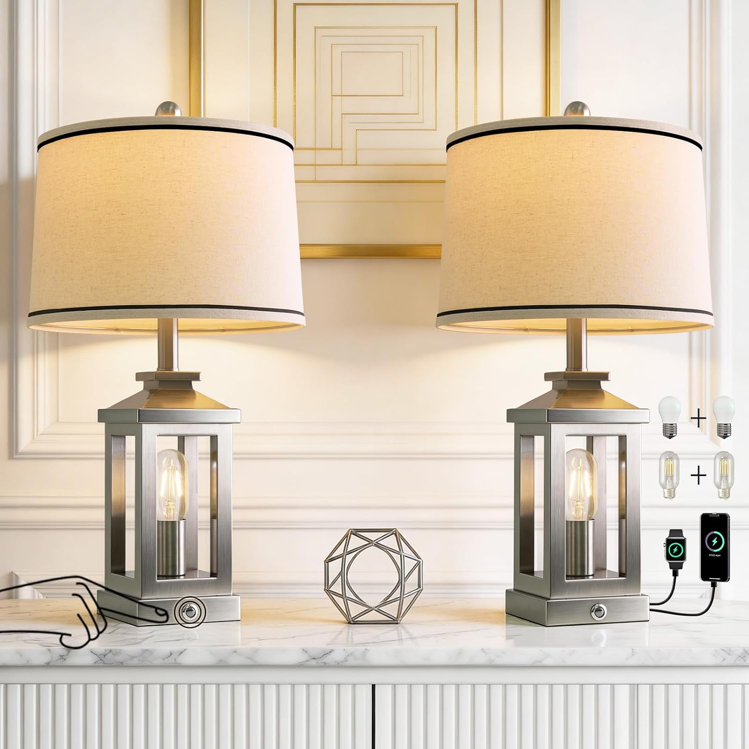 G-SAFAVA 24' Table Lamps for Living Room Bedroom Modern Metal Bedside Lamps Set of 2 Nightstand Lamp for Night Stands 3 Way Dimmable Touch Lamp with USB C+A Ports and 2 Light Sources, 4 Bulbs Includes