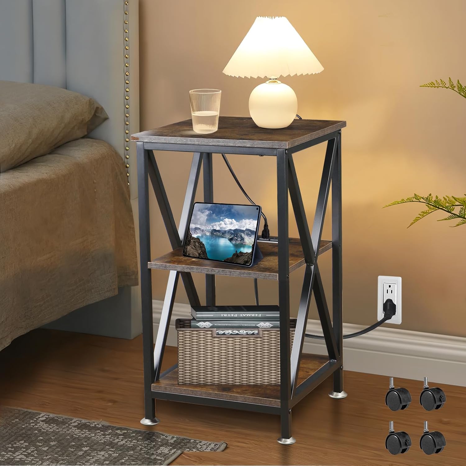 End Tables Living Room Set of 2, Square End Table with Charging Station, 16' D X 16' W X 28' H, Wood and Metal Table with USB Ports and Outlets, Side Table with Wheels for Living Room, Bedroom