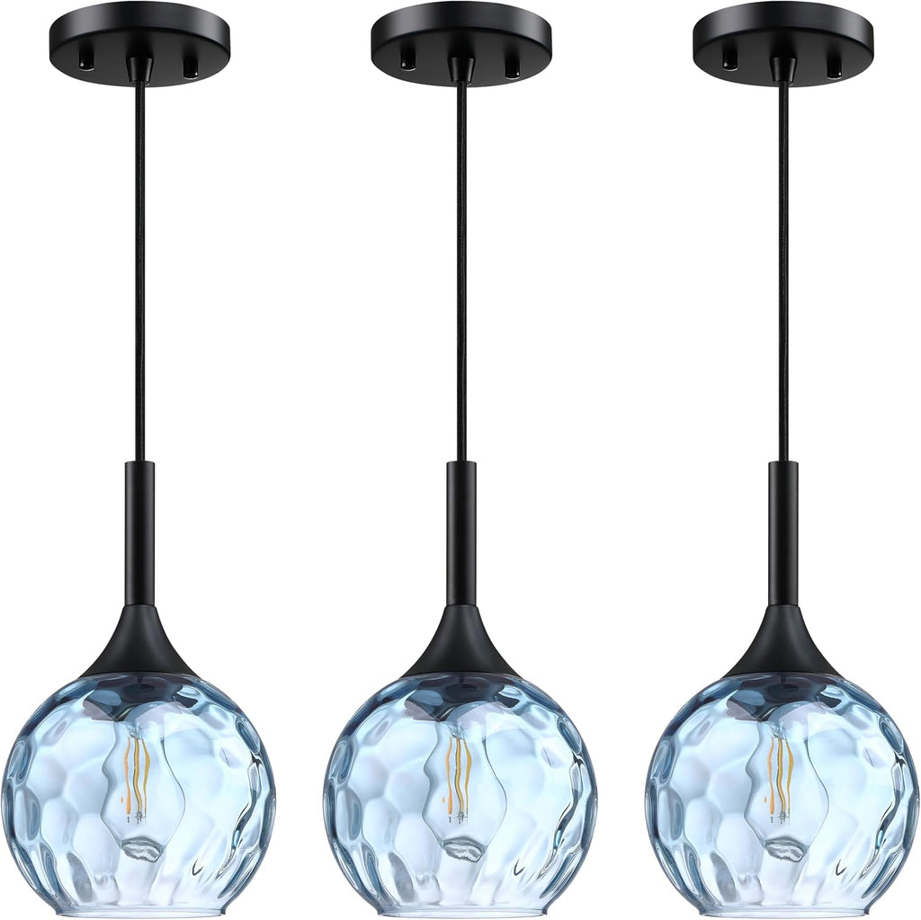 6.3' Texture Blue Glass Rod Pendant Light 3 Pack Pendant Ceiling Light Fixture Black Finish Modern Farmhouse Dinning Over Sink Adjustable Height Rod