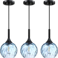 6.3' Texture Blue Glass Rod Pendant Light 3 Pack Pendant Ceiling Light Fixture Black Finish Modern Farmhouse Dinning Over Sink Adjustable Height Rod