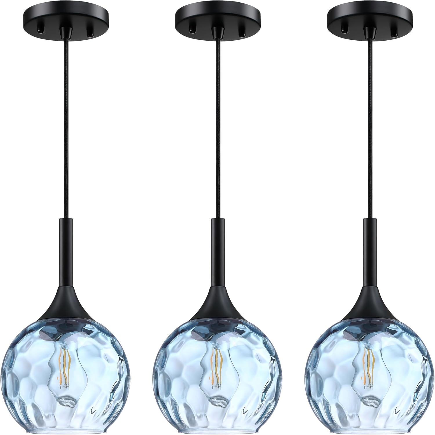 6.3' Texture Blue Glass Rod Pendant Light 3 Pack Pendant Ceiling Light Fixture Black Finish Modern Farmhouse Dinning Over Sink Adjustable Height Rod