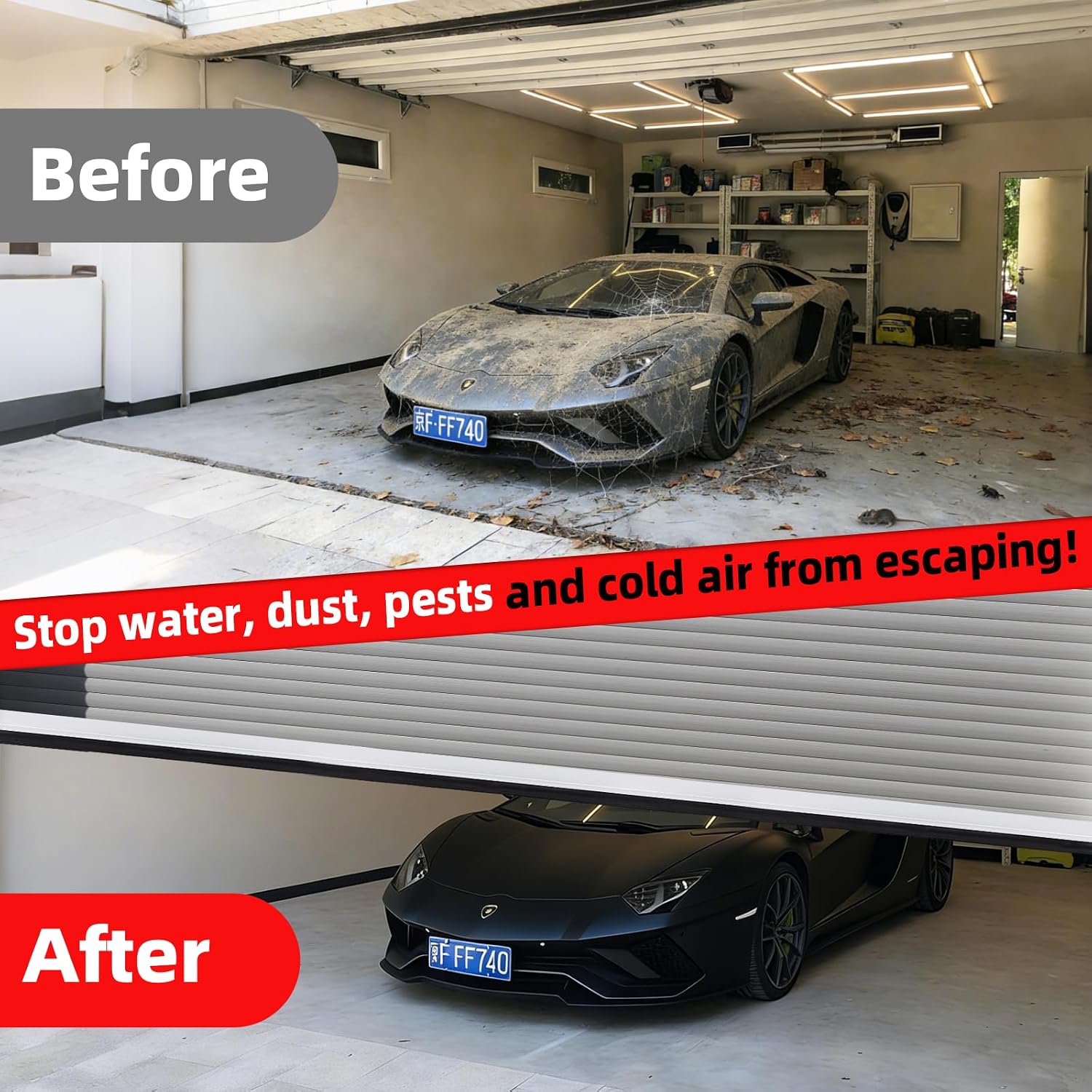 20FT Universal Garage Door Seals Kit，Heavy Duty EPDM U+O Bottom Rubber Weatherproof Seal & Brush with Pre-drilled Aluminum Track，Universal Replacement Stops Rain, Drafts & Pests