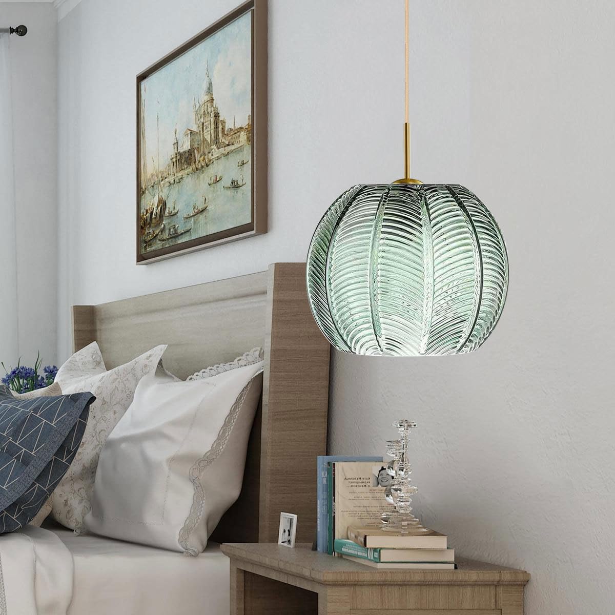 2-Pack Green Ceiling Pendant Light Fixtures for Dining Room Large Gold Globe Kitchen Island Pendant Light Hand-Blown Glass Shade Adjustable Hanging Lights Bedroom Pendant Lights