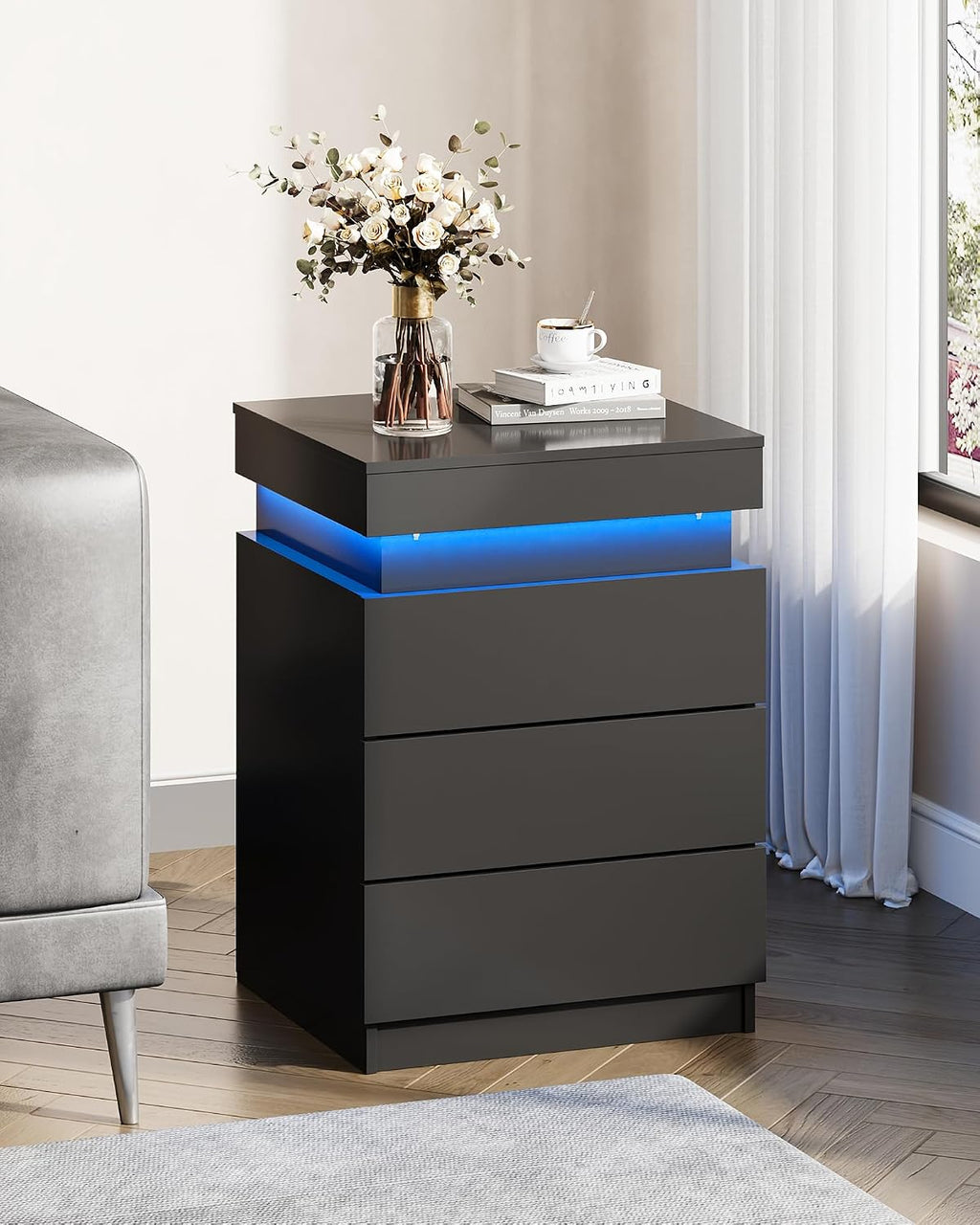 WLIVE Nightstand Set of 2 with Charging Station & LED Lights, Modern Night Stand with 3 Drawers and Sliding Top, Bedside Table End Table with Hidden Space for Bedroom, Living Room, Black