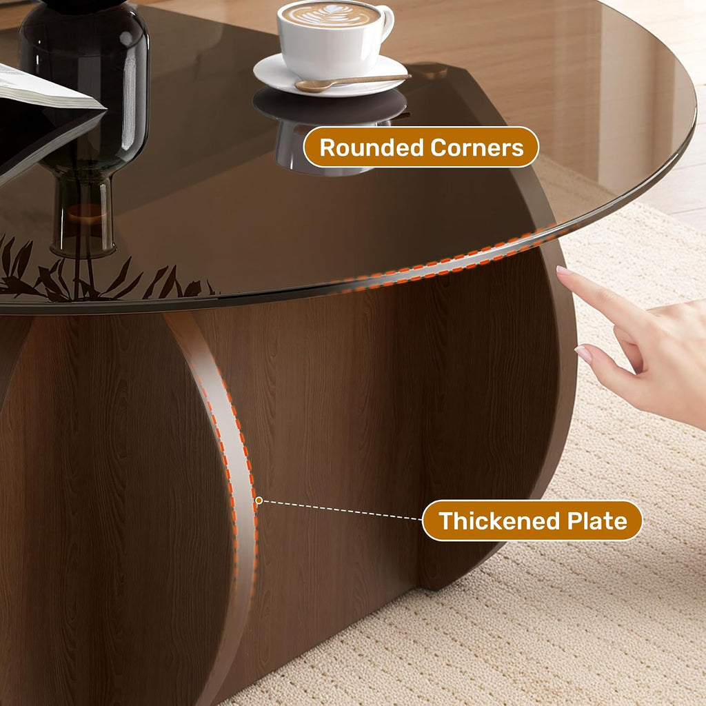 Round Glass Coffee Table, Modern Coffee Table with Glass Top and Wood Base, Minimalist Circle Coffee Table for Living Room, Small Round Coffee Table for Apartment, Office & Lounge, Walnut