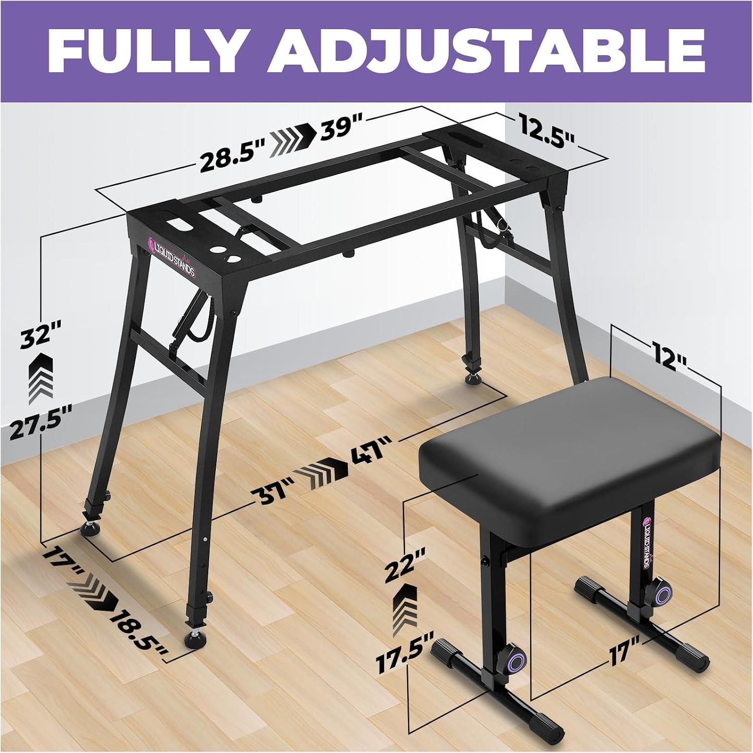 Liquid Stands Collapsible Piano Keyboard Stand and Piano Bench Stool - Adjustable and Portable Heavy Duty Music Stand for Kids & Adults - Fits 54-88 Key Electric Digital Keyboard Piano Stand and Seat