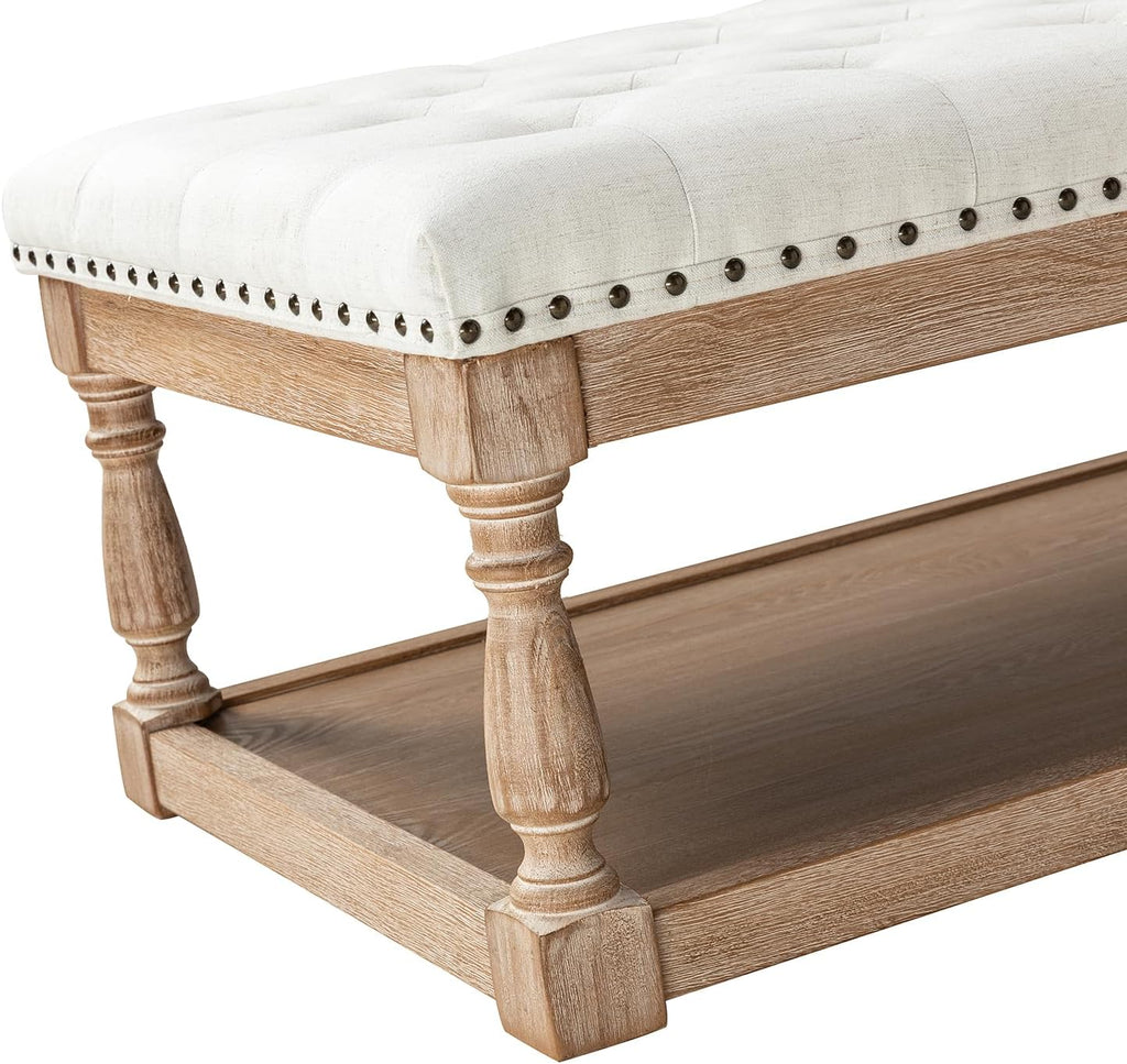 HULALA HOME Rectangle Ottoman Coffee Table with Tray, Tufted Living Room Ottoman with Solid Wood Storage Shelf, Ivory