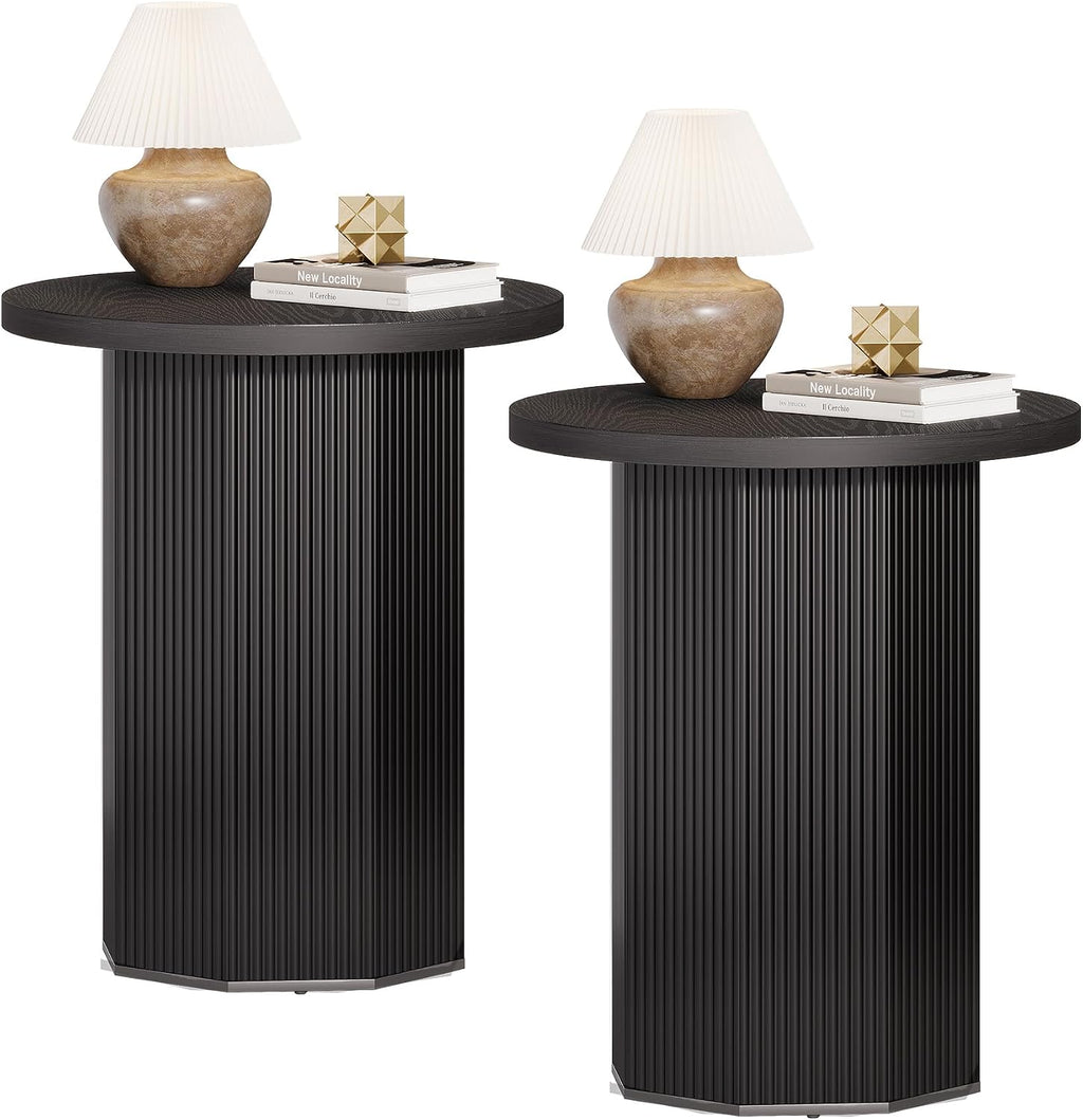 Tribesigns 2pcs Round Pedestal End Table, Farmhouse Side Table with Fluted Base, Wooden Accent Tables for Small Space, Couch, Living Room (2, Black)
