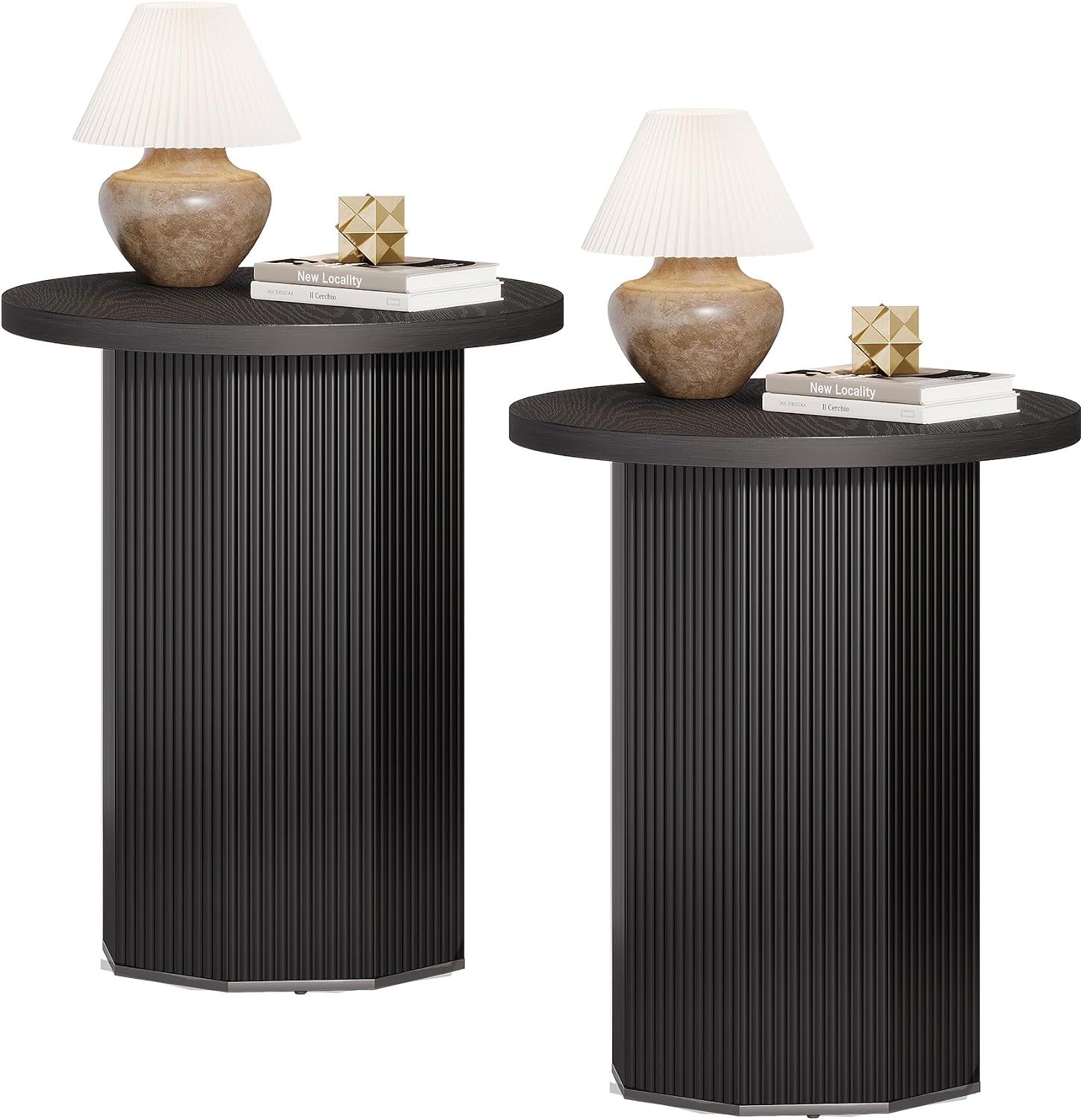 Tribesigns 2pcs Round Pedestal End Table, Farmhouse Side Table with Fluted Base, Wooden Accent Tables for Small Space, Couch, Living Room (2, Black)